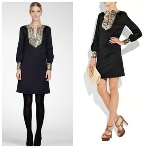 Tory Burch Black Embellished Shift Dress‎ Size 8 Long Sleeve Beaded Neckline